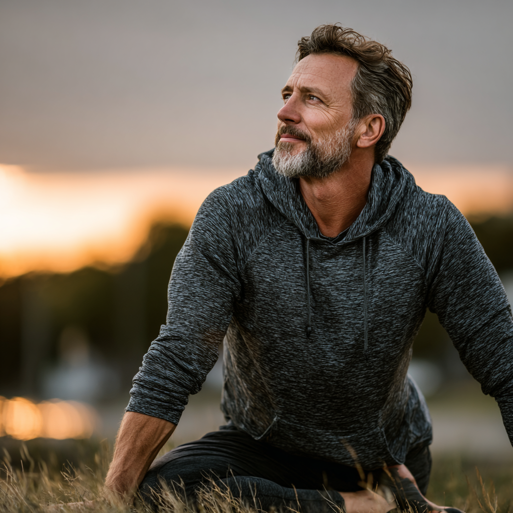 Confident mature man in his 50s performing stretching exercises in a peaceful outdoor setting, demonstrating flexibility and wellbeing in middle age with natural lighting